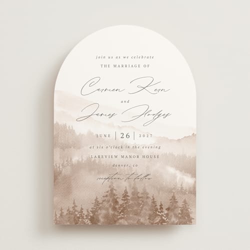 This is a cappuccino wedding invitations with standard by Helen Halik called over the mountains printing on signature in standard