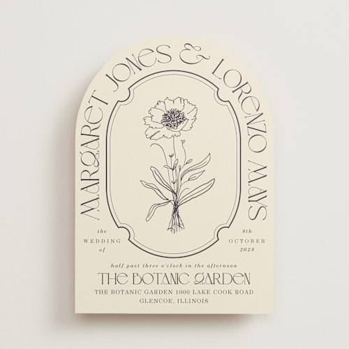 This is a ecru wedding invitations with standard by Baumbirdy called flora arch printing on signature in standard