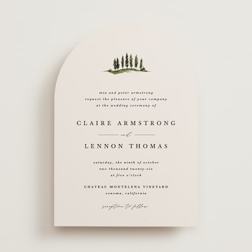 This is a creme wedding invitations with standard by Kate Ahn called tuscan hill printing on signature in standard