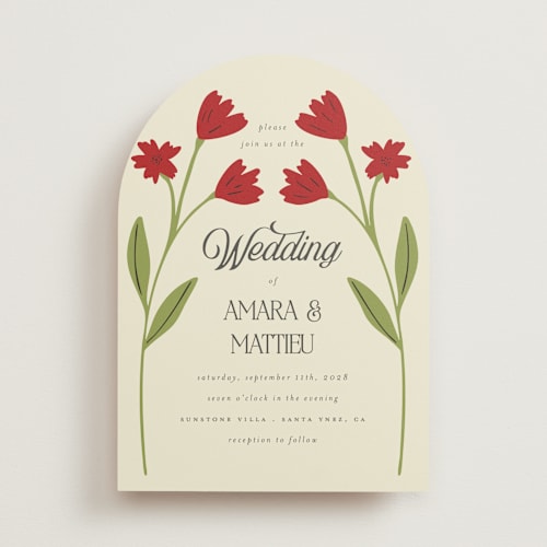 This is a crimson wedding invitations with standard by Morgan Kendall called vintage wildflowers printing on signature in standard
