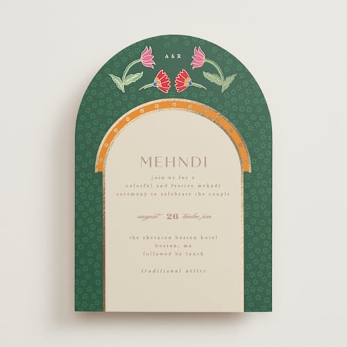 This is a sindoor foil stamped wedding invitations with foil pressed by Creo Study called indian garden printing on signature in standard