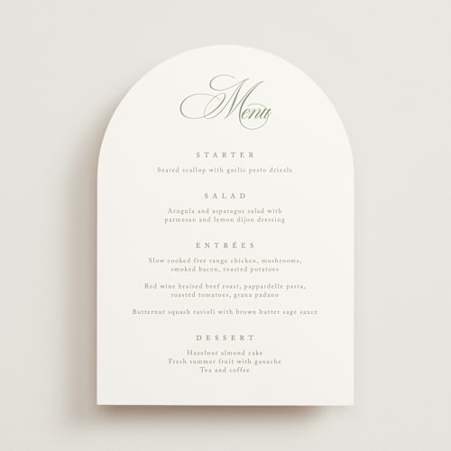 This is a garden menu cards with standard by Kelly Schmidt called chic script printing on signature in 5x7