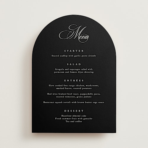 This is a midnight menu cards with standard by Kelly Schmidt called chic script printing on signature in 5x7