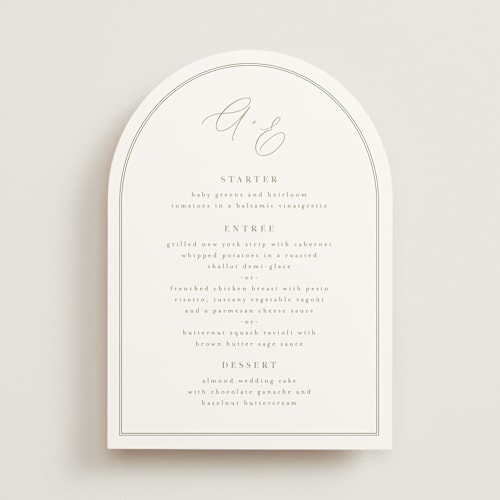 This is a olive menu cards with standard by Kristie Kern called amelia printing on signature in standard