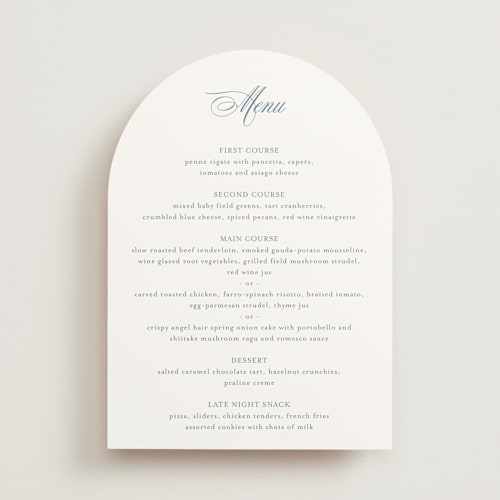 This is a dusty blue menu cards with standard by Jennifer Postorino called empire printing on signature in 5x7