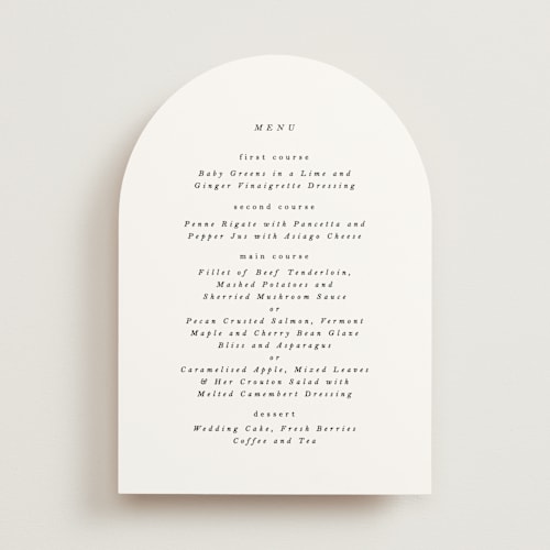 This is a black tie menu cards with standard by Phrosné Barwood called traditional love story printing on signature in standard