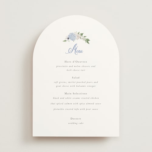 This is a periwinkle menu cards with standard by Design Lotus called sweethearts printing on signature in standard
