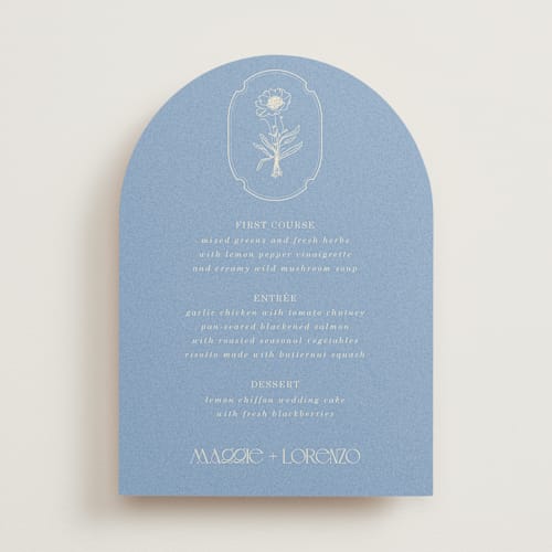 This is a cerulean menu cards with standard by Baumbirdy called flora arch printing on signature in 5x7
