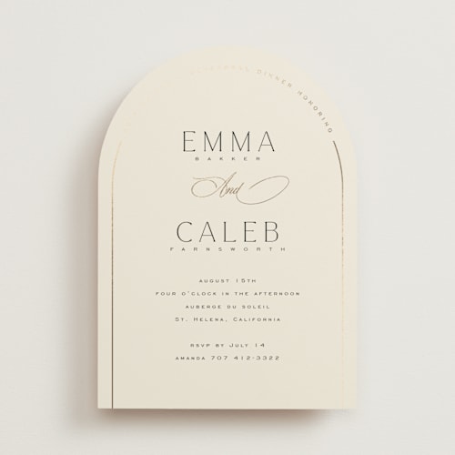 This is a cream rehearsal dinner invitations with foil pressed by Benita Crandall called chic arch printing on signature in standard