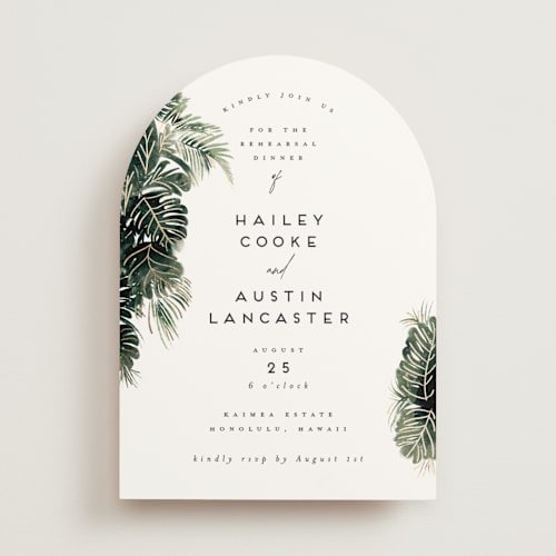 This is a palm rehearsal dinner invitations with foil pressed by Gwen Bedat called tropics printing on signature in standard