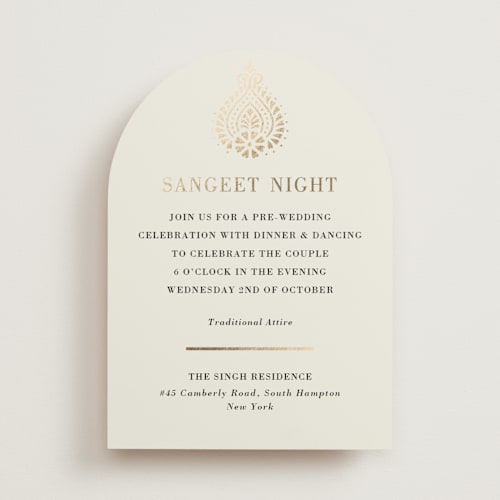 This is a champagne foil stamped wedding invitations with foil pressed by Oma N. Ramkhelawan called henna stamp printing on signature in standard