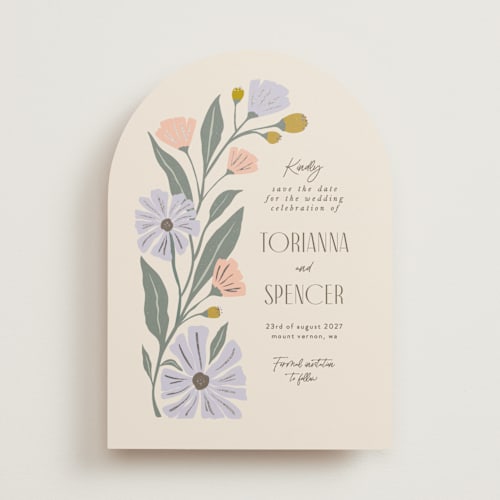 This is a periwinkle foil stamped save the date cards with foil pressed by Karidy Walker called storybook garden printing on signature in standard