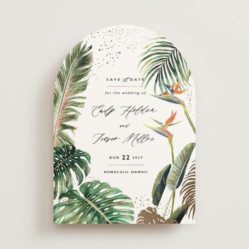 This is a fern foil stamped save the date cards with foil pressed by Elly called our paradise printing on signature in standard