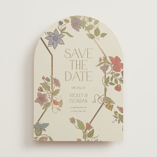 This is a mint foil stamped save the date cards with foil pressed by Simona Camp called radiant botany printing on signature in standard
