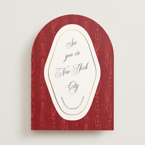 This is a crimson foil stamped save the date cards with foil pressed by Studio Suku called moiré printing on signature in standard