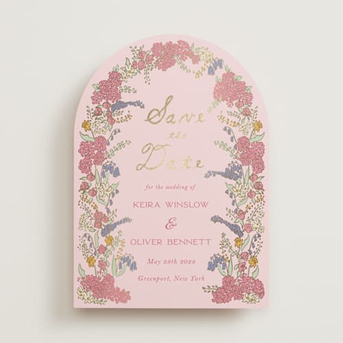This is a tea rose foil stamped save the date cards with foil pressed by Sarah Rosenthal called evergold blooms printing on signature in standard