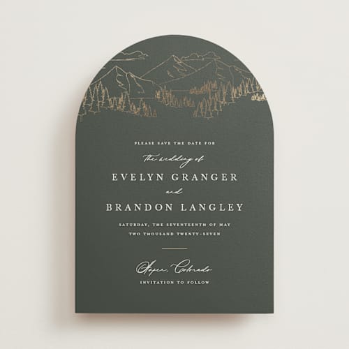 This is a hunter foil stamped save the date cards with foil pressed by Sarah Brown called peaks printing on signature in standard