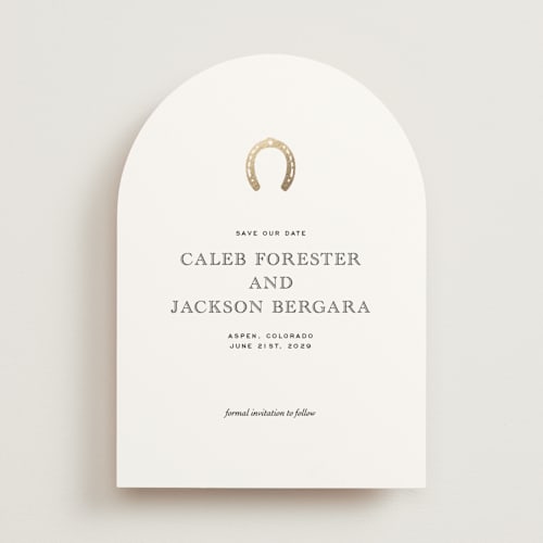 This is a pearl foil stamped save the date cards with foil pressed by Jenna Holcomb called ranch printing on signature in standard