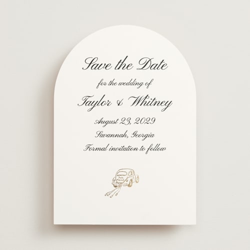 This is a snow foil stamped save the date cards with foil pressed by Cass Loh called joyride printing on signature in standard