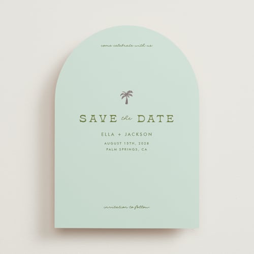 This is a ocean foil stamped save the date cards with foil pressed by Olivia Goree called vacation printing on signature in standard