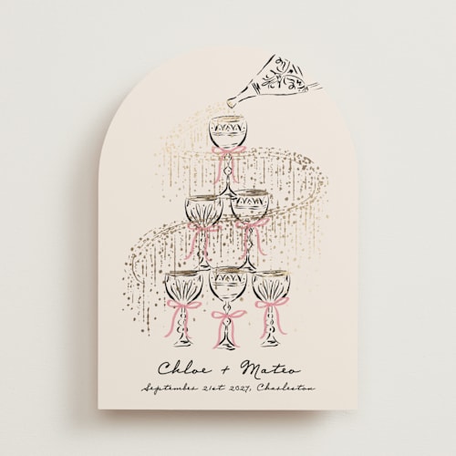This is a petal foil stamped save the date cards with foil pressed by Jackie Crawford called sparkling champagne tower printing on signature in standard