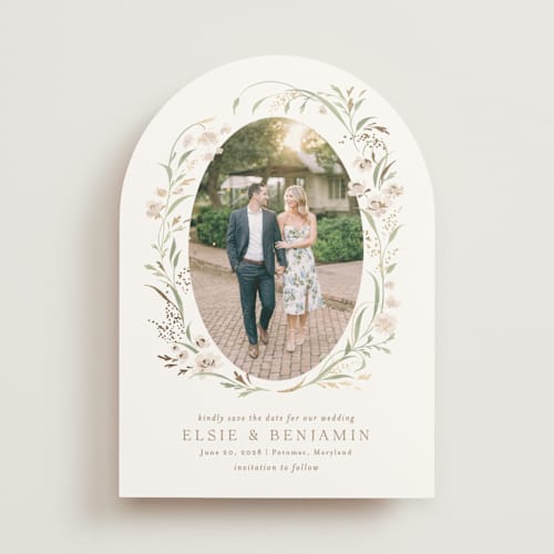 This is a spring mist foil stamped save the date cards with foil pressed by Erin L. Wilson called meadow printing on signature in standard