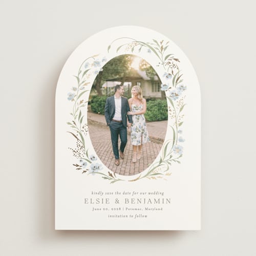 This is a blue bonnet foil stamped save the date cards with foil pressed by Erin L. Wilson called meadow printing on signature in standard