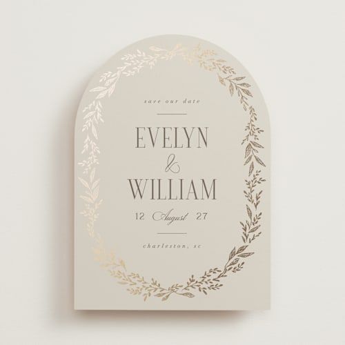 This is a champagne foil stamped save the date cards with foil pressed by Laura Hankins called wildflora printing on signature in standard