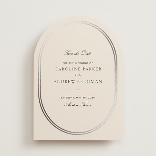 This is a tuxedo foil stamped save the date cards with foil pressed by Megan Davis called bocce printing on signature in standard