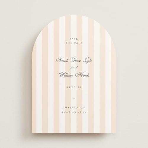 This is a peach save the date with standard by Sara Hicks Malone called awning stripe printing on signature in standard