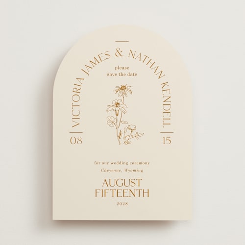 This is a cream save the date with standard by Baumbirdy called floral type arch printing on signature in standard