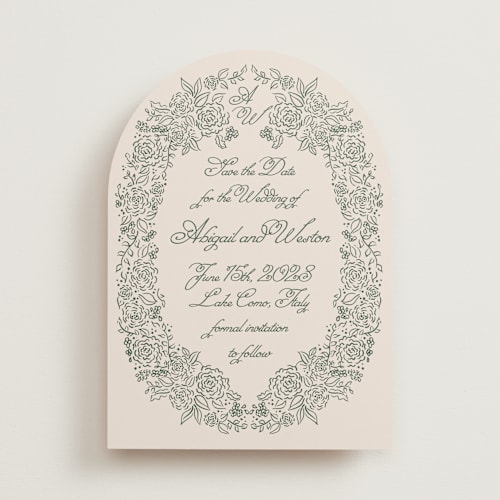 This is a moss save the date with standard by Tamara Hilje called crest florale printing on signature in standard