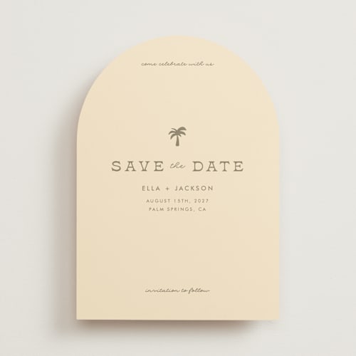 This is a sand save the date with standard by Olivia Goree called vacation printing on signature in standard