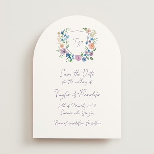 This is a lavender save the date with standard by Cass Loh called wildflowers crest printing on signature in standard