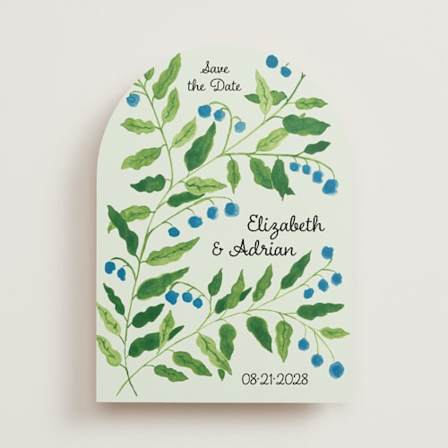 This is a mint save the date with standard by Claire called lily of the valley printing on signature in standard