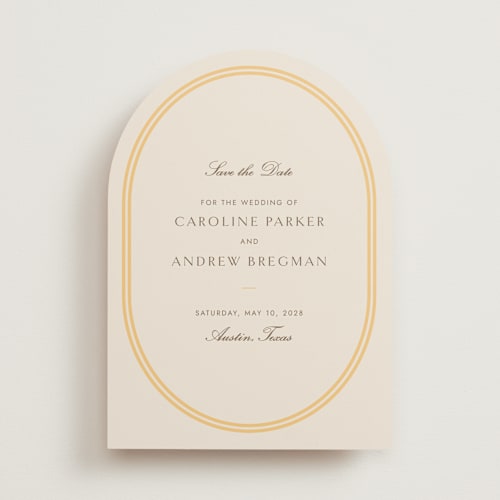 This is a melon save the date with standard by Megan Davis called bocce printing on signature in standard