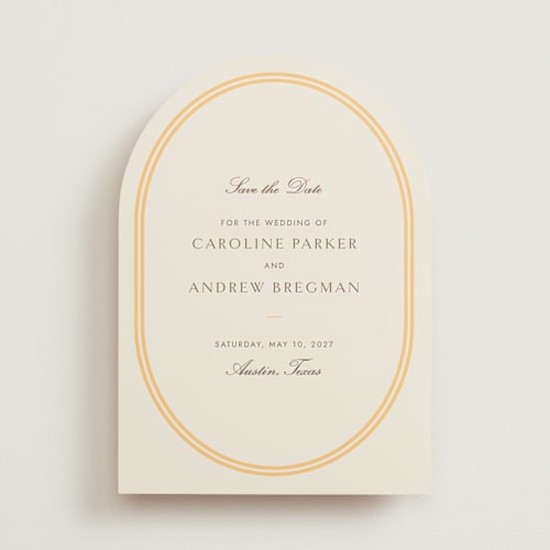 This is a melon save the date with standard by Megan Davis called bocce printing on signature in standard