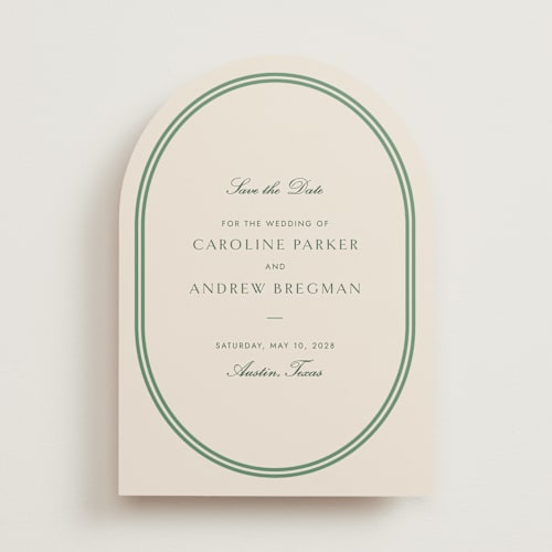 This is a vine save the date with standard by Megan Davis called bocce printing on signature in standard