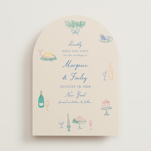 This is a pastel save the date with standard by Elly called dining printing on signature in standard