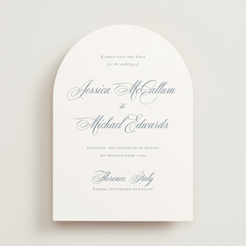 This is a dusty blue save the date with standard by Jennifer Postorino called empire printing on signature in standard
