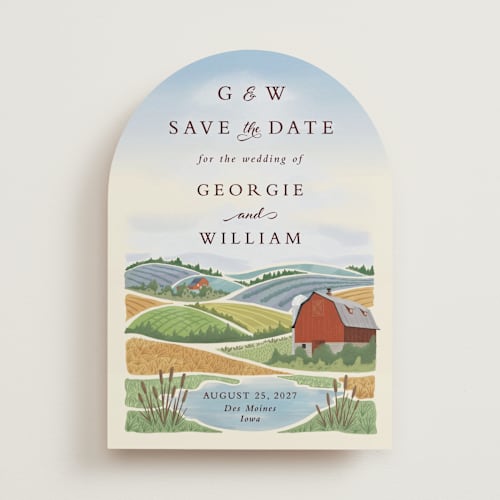 This is a sky blue save the date with standard by Paper Sun Studio called farm and field printing on signature in standard