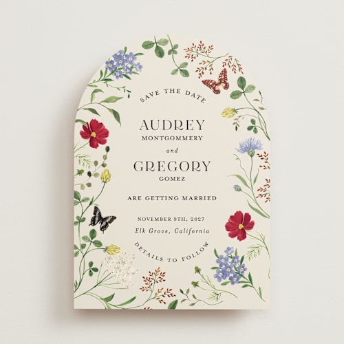 This is a elder flower save the date with standard by Sarah Knight called wild meadow printing on signature in standard