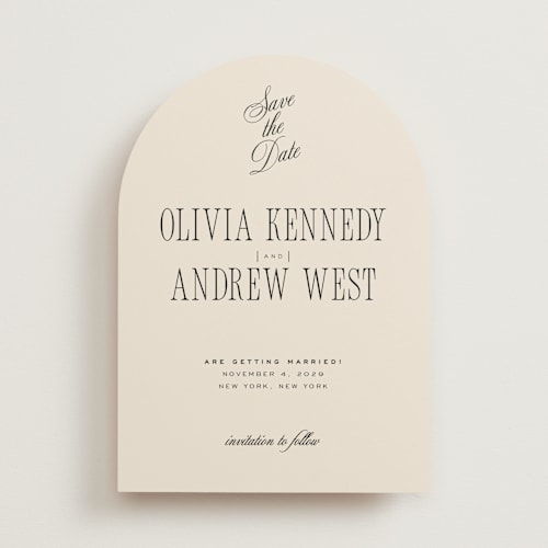 This is a almond save the date with standard by Eric Clegg called modern romance printing on signature in standard