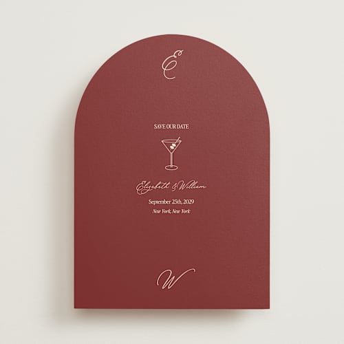 This is a burgundy save the date with standard by Helena Vitto called elizabeth printing on signature in standard