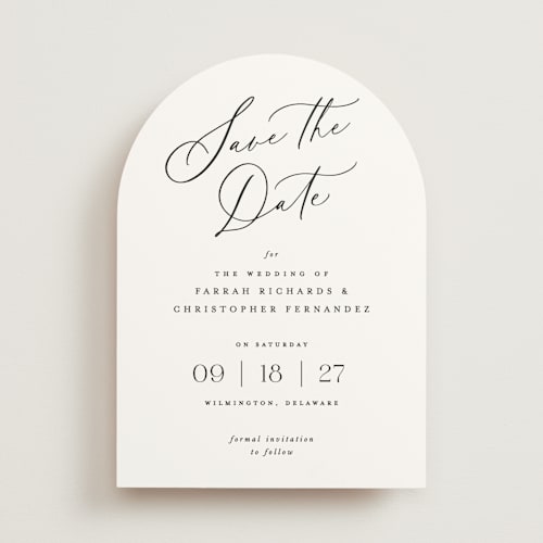 This is a pearl save the date with standard by Hooray Creative called beautifully scripted printing on signature in standard