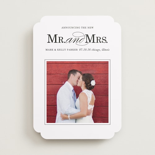 This is a coal wedding announcements with standard by Leslie Ann Jones called same last name printing on recycled smooth signature in standard