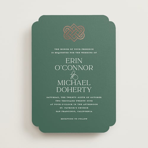 This is a clover foil stamped wedding invitations with foil pressed by Kerry Doyle called celtic love knot printing on signature in standard
