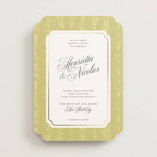 This is a chartreuse foil stamped wedding invitations with foil pressed by Studio Suku called moiré printing on signature in standard