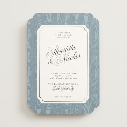 This is a ciel foil stamped wedding invitations with foil pressed by Studio Suku called moiré printing on signature in standard