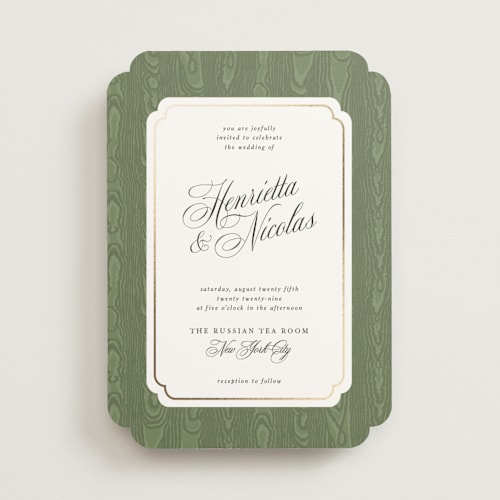 This is a olive foil stamped wedding invitations with foil pressed by Studio Suku called moiré printing on signature in standard